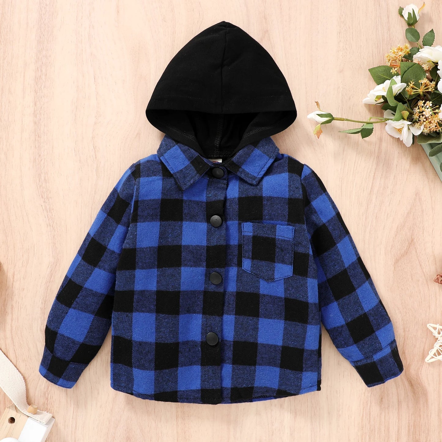 Toddler Boy Flannel Shirt Baby Long Sleeve Hooded Plaid Button Shirt for 18-24 Months