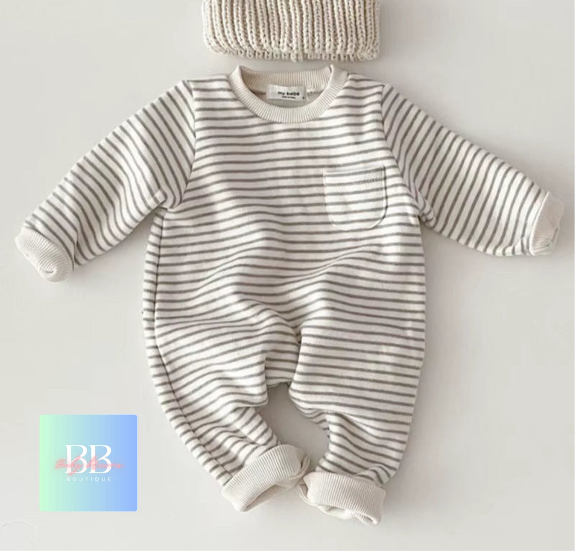 Baby/Toddler Long sleeved Fleece Lined Striped Romper. 4 colours, 6-24M.