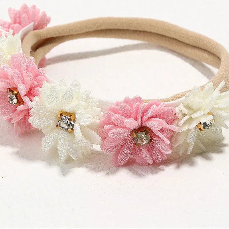 Elastic Baby Girl Flower Headbands Nylon Stretchy Pearl Toddler Hairbands Newborn Rhinestone Hair Band Infant Hair Accessories