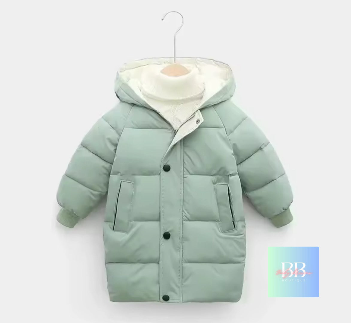 Children's light green puffer jacket on a white background