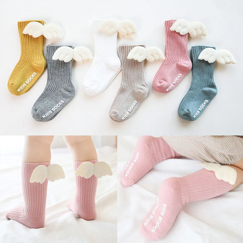 New Baby Girls Knee High Socks Angel Wing Summer Autumn Cotton Socks Solid Candy Color Children Toddler Short Socks for Kids