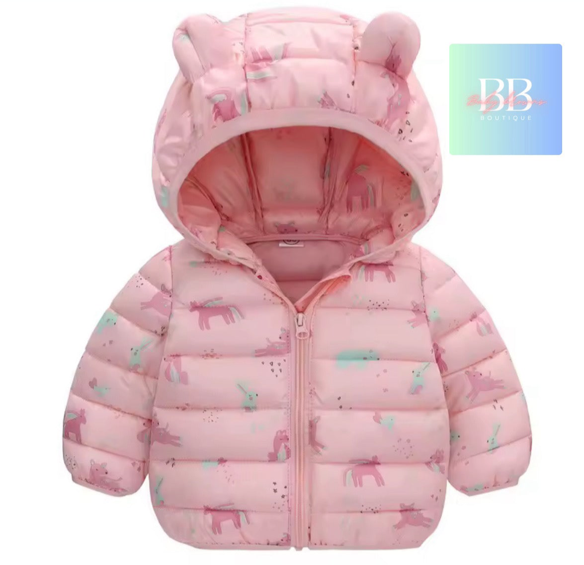 Pink children's puffer jacket with animal patterns on a white background