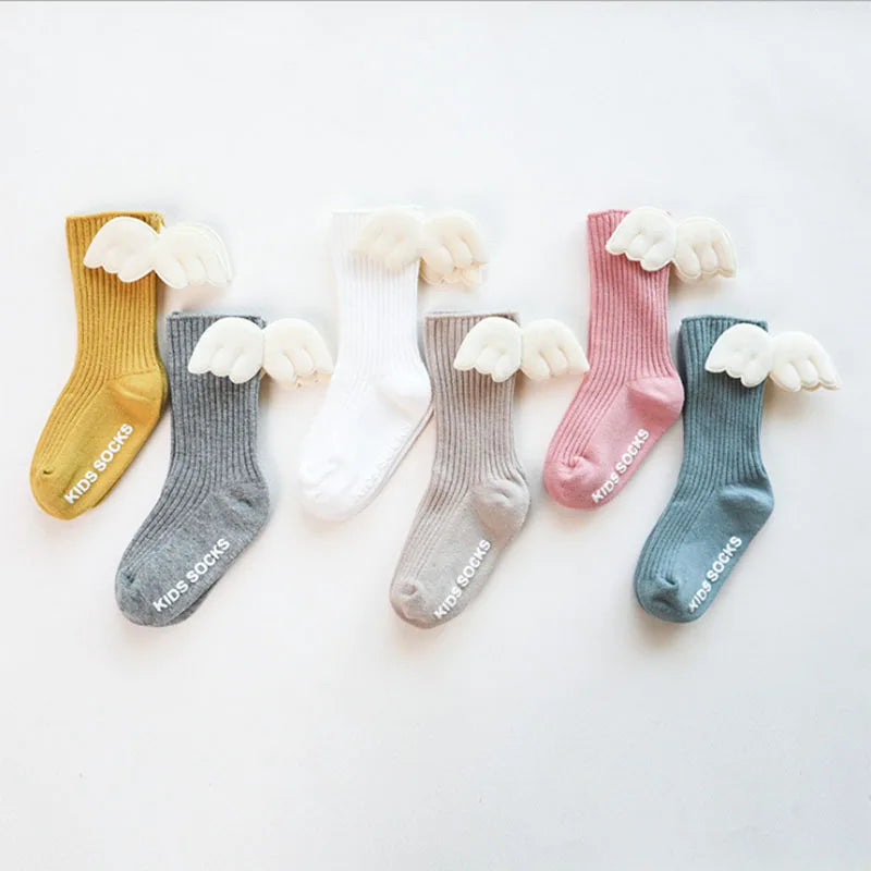 New Baby Girls Knee High Socks Angel Wing Summer Autumn Cotton Socks Solid Candy Color Children Toddler Short Socks for Kids