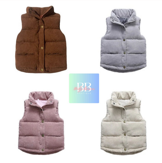 Kids Corduroy Vests/Bodywarmer with front Buttons. Girls/Boys, 3-10Y, 4 colours.