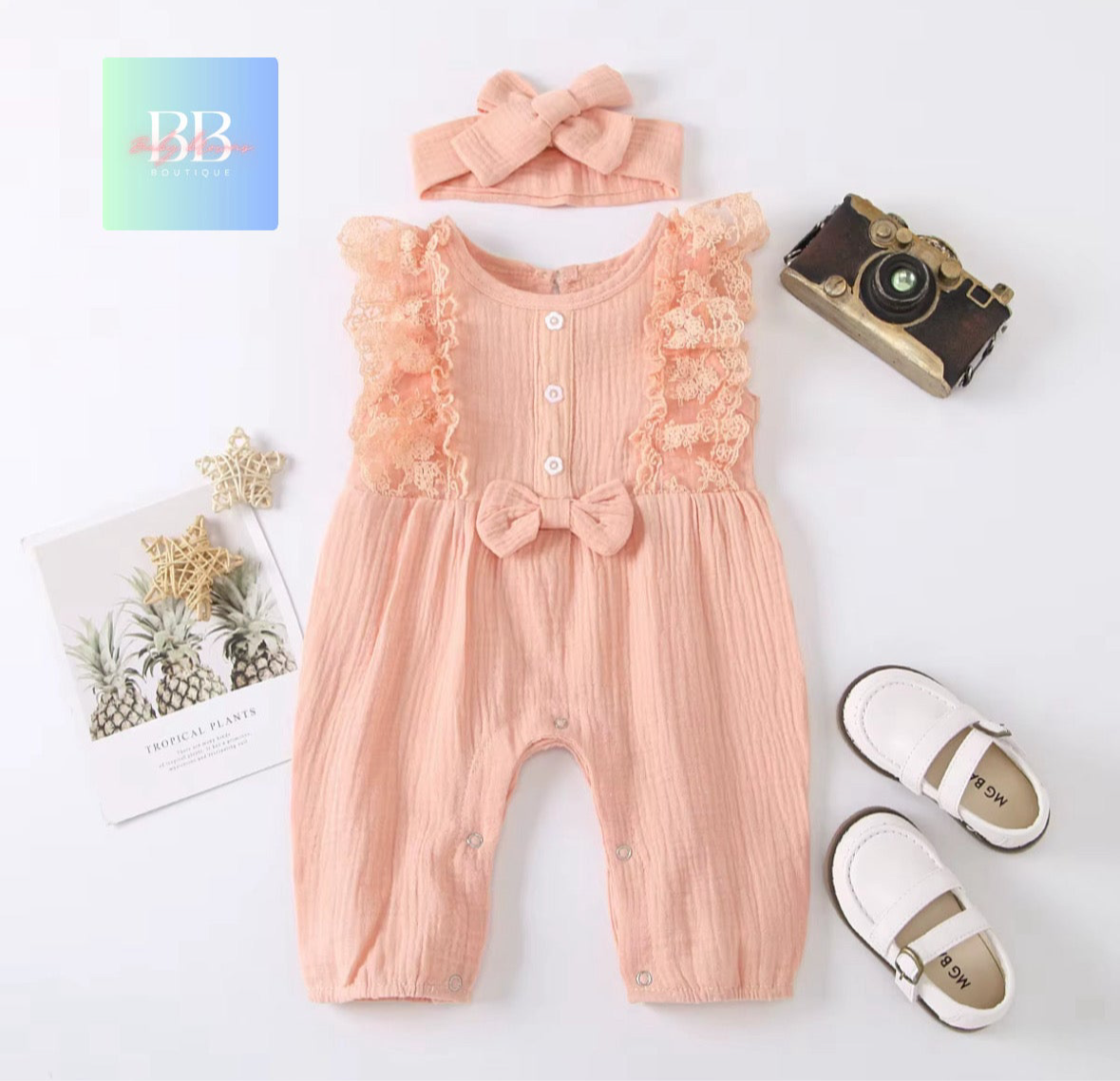 Baby/Toddler, Girls Sleeveless Romper with Lace, Cute Bow & Matching Headband. 6-24M, 5 colours.