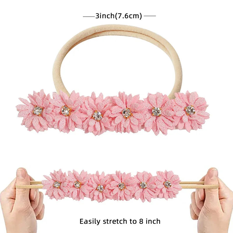 Elastic Baby Girl Flower Headbands Nylon Stretchy Pearl Toddler Hairbands Newborn Rhinestone Hair Band Infant Hair Accessories