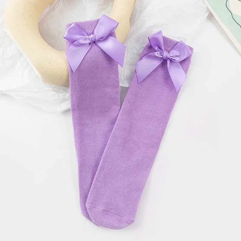 Baby Girls Socks Stockings Solid Color Bowknot Anti-Slip Cute Wild Cotton Long Stockings Toddler Girls Knee High Socks 0-5 Years