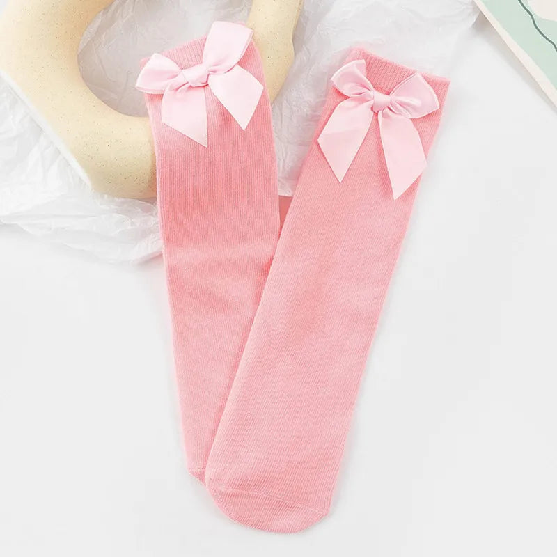 Baby Girls Socks Stockings Solid Color Bowknot Anti-Slip Cute Wild Cotton Long Stockings Toddler Girls Knee High Socks 0-5 Years