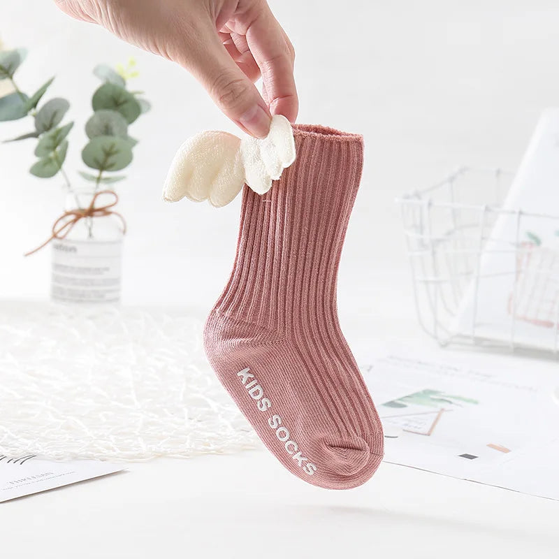 New Baby Girls Knee High Socks Angel Wing Summer Autumn Cotton Socks Solid Candy Color Children Toddler Short Socks for Kids