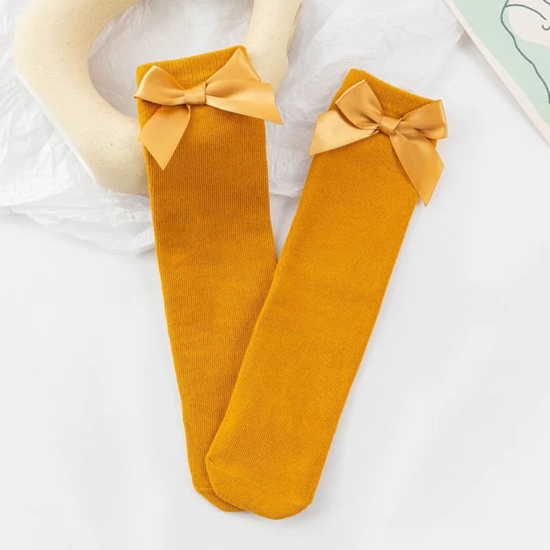 Baby Girls Socks Stockings Solid Color Bowknot Anti-Slip Cute Wild Cotton Long Stockings Toddler Girls Knee High Socks 0-5 Years