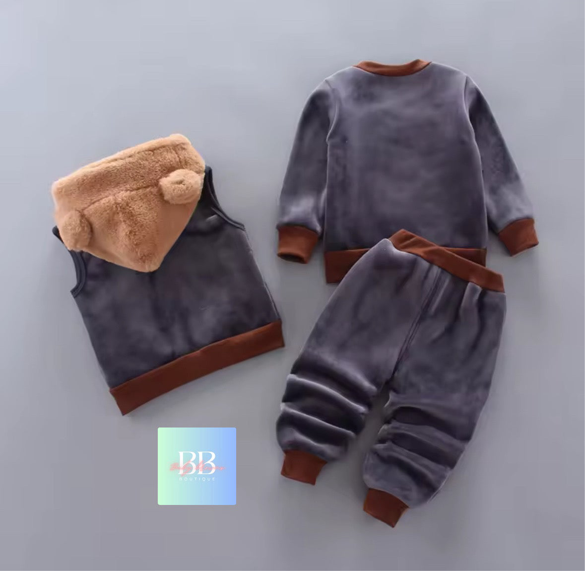 Kids Fleece Sweatshirt, Pants & Vest Set with hood & Cute Bear Logo. 4 Colours, 9M-3Y