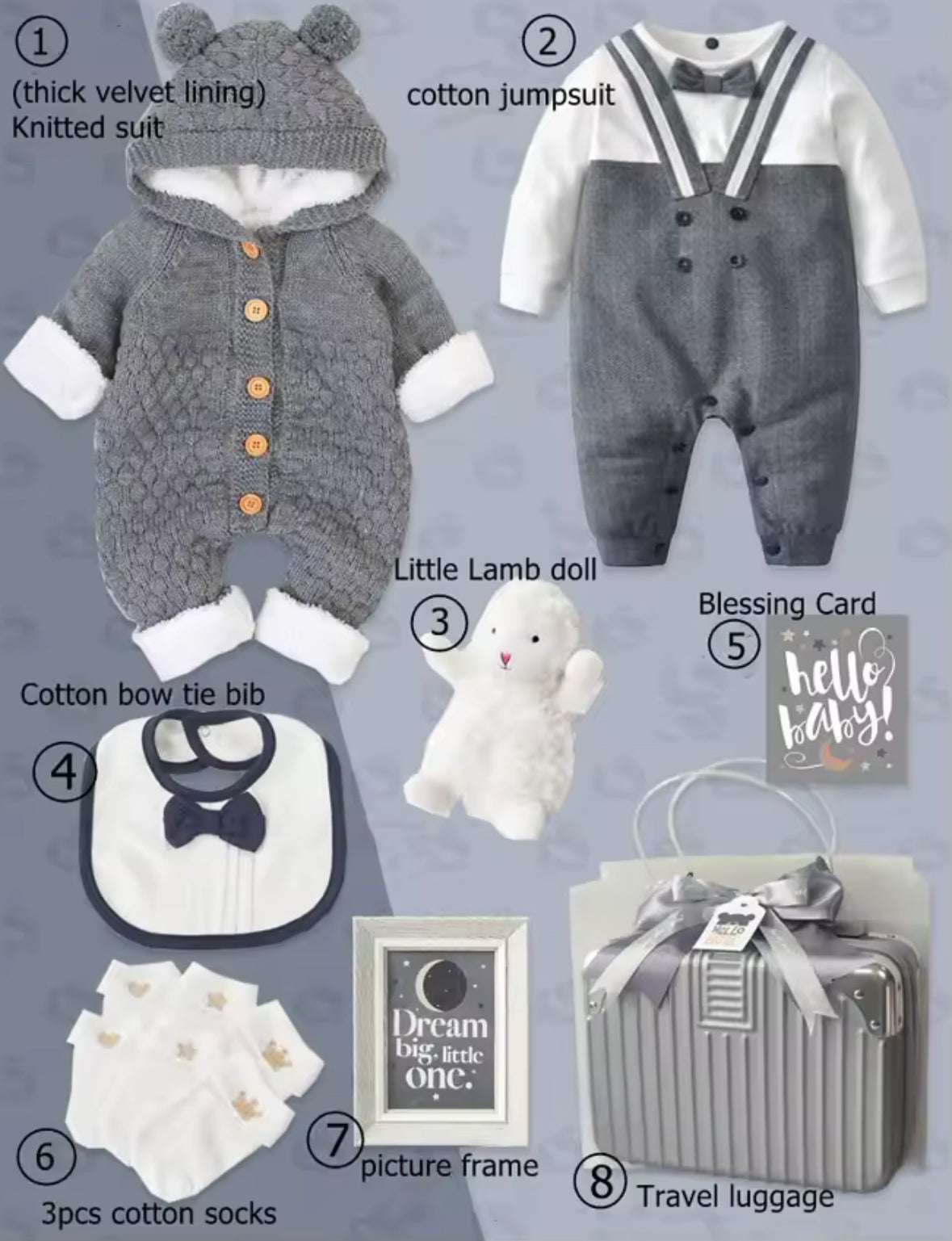 Collection of baby items including a knitted suit, jumpsuit, plush toy, bib, socks, picture frame, and travel luggage on a gray background.