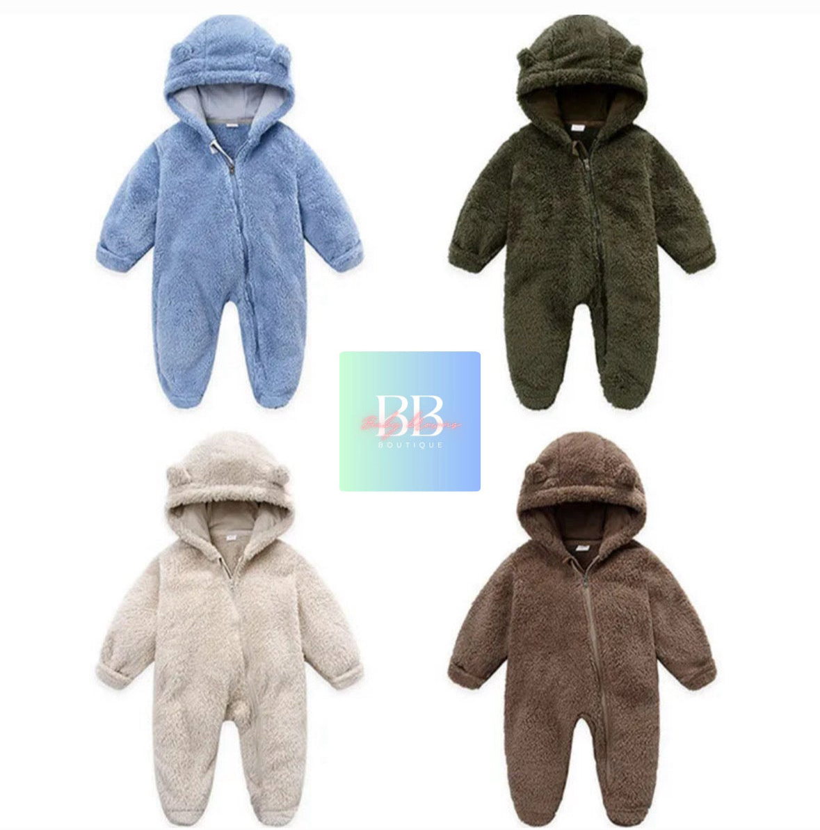 Baby/Toddler Long Sleeved Hooded Outdoor Romper with front Zip. 7 colours, 0-12 months