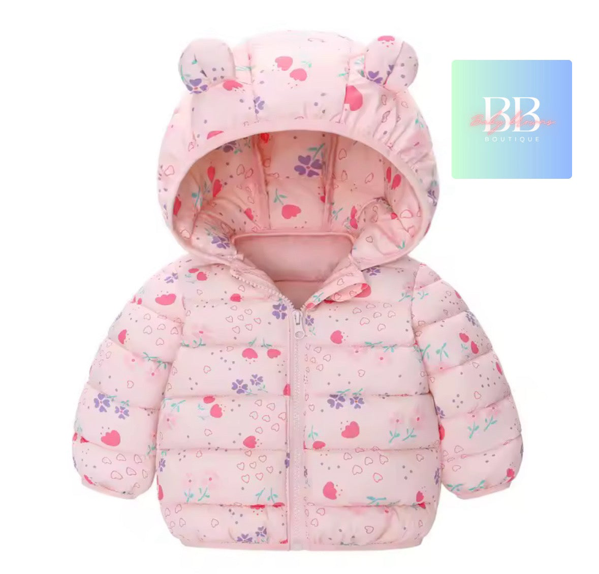 Pink baby snowsuit with floral patterns and bear ears on a white background, featuring the brand 'BB'.