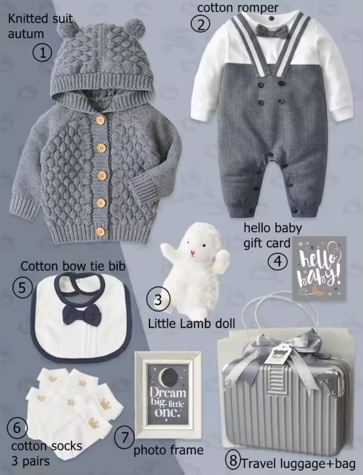Collection of baby items including a knitted suit, romper, bib, doll, socks, photo frame, and travel luggage on a gray background.