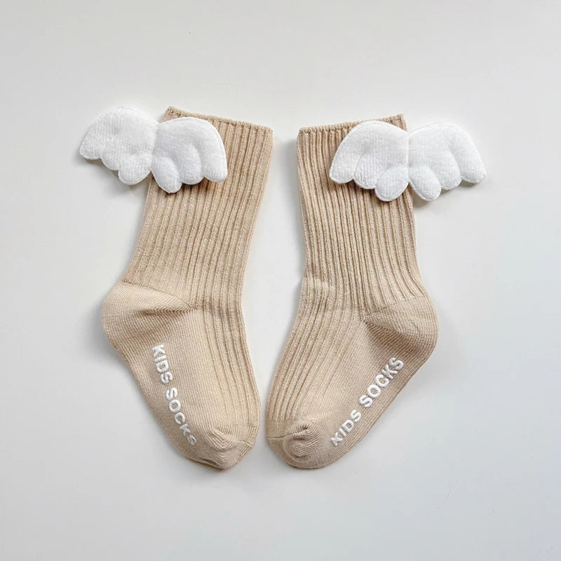 New Baby Girls Knee High Socks Angel Wing Summer Autumn Cotton Socks Solid Candy Color Children Toddler Short Socks for Kids