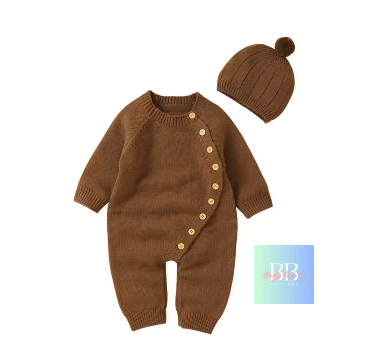 Brown knitted baby romper with buttons and matching hat on a white background