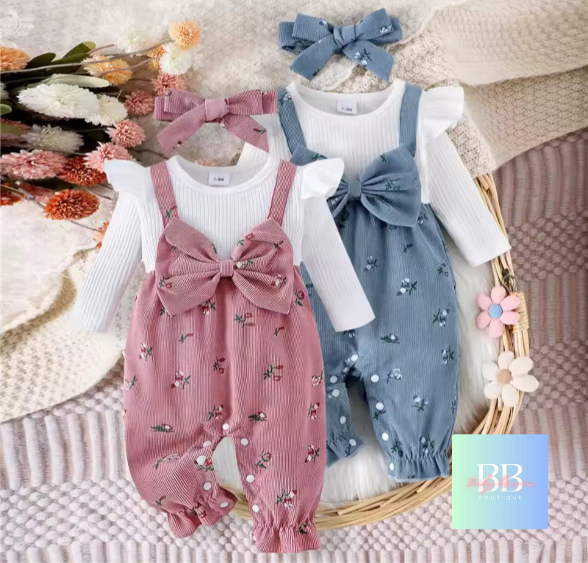 Baby Girl Long Sleeve Floral Romper with Patchwork Bow & Headband. 2 Colours, 3-18M
