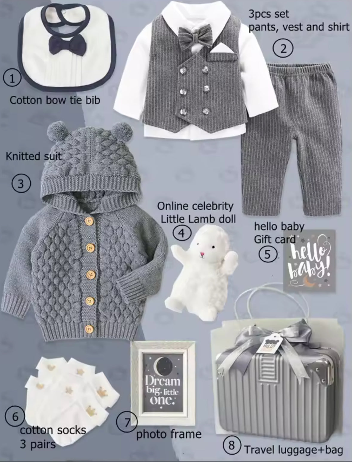 Baby clothing and accessories set including a knitted suit, bow tie bib, and gift card on a gray background.