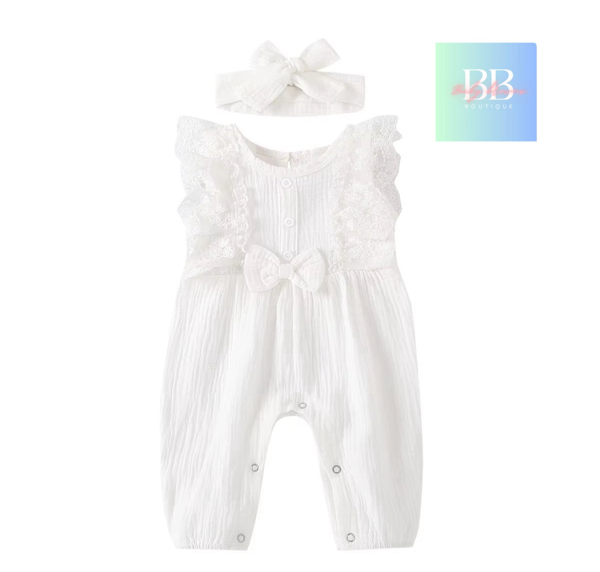 Baby/Toddler, Girls Sleeveless Romper with Lace, Cute Bow & Matching Headband. 6-24M, 5 colours.