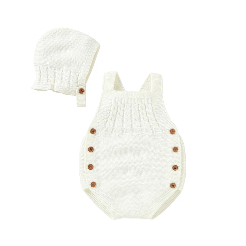 Baby Bodysuits Clothes Spring Autumn Sleeveless Knitting Newborn Boys Girls Solid Onesie Hats Sets 2Pcs Infant Coveralls Outfits