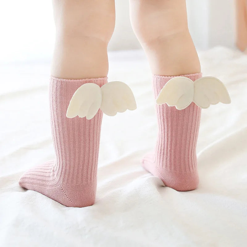 New Baby Girls Knee High Socks Angel Wing Summer Autumn Cotton Socks Solid Candy Color Children Toddler Short Socks for Kids