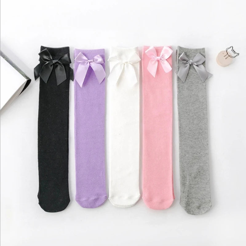 Baby Girls Socks Stockings Solid Color Bowknot Anti-Slip Cute Wild Cotton Long Stockings Toddler Girls Knee High Socks 0-5 Years