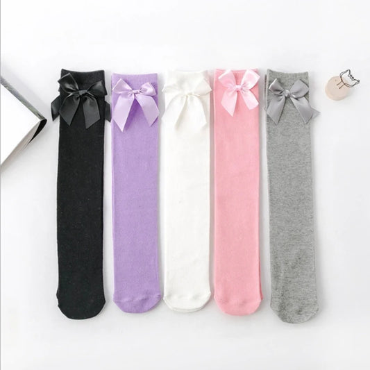 Baby Girls Socks Stockings Solid Color Bowknot Anti-Slip Cute Wild Cotton Long Stockings Toddler Girls Knee High Socks 0-5 Years