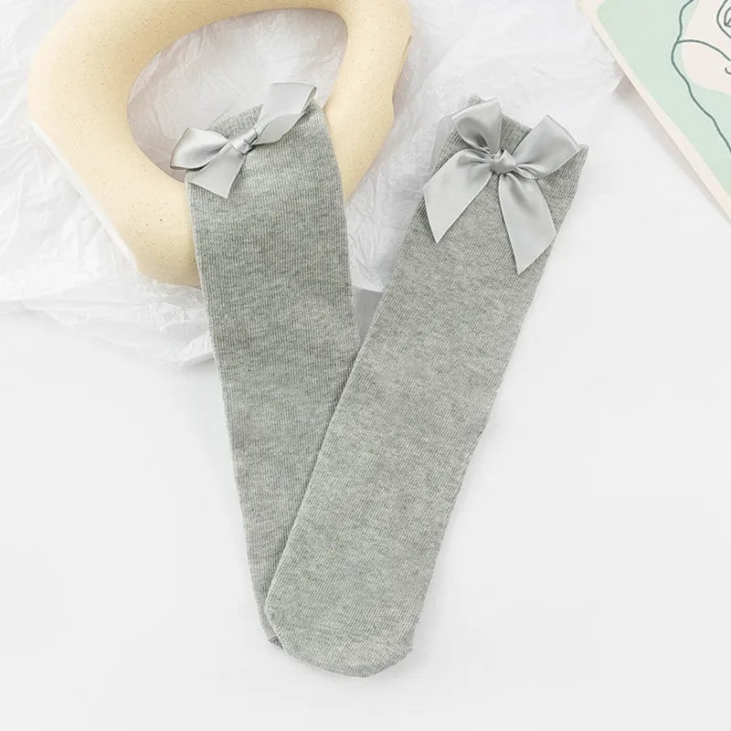 Baby Girls Socks Stockings Solid Color Bowknot Anti-Slip Cute Wild Cotton Long Stockings Toddler Girls Knee High Socks 0-5 Years