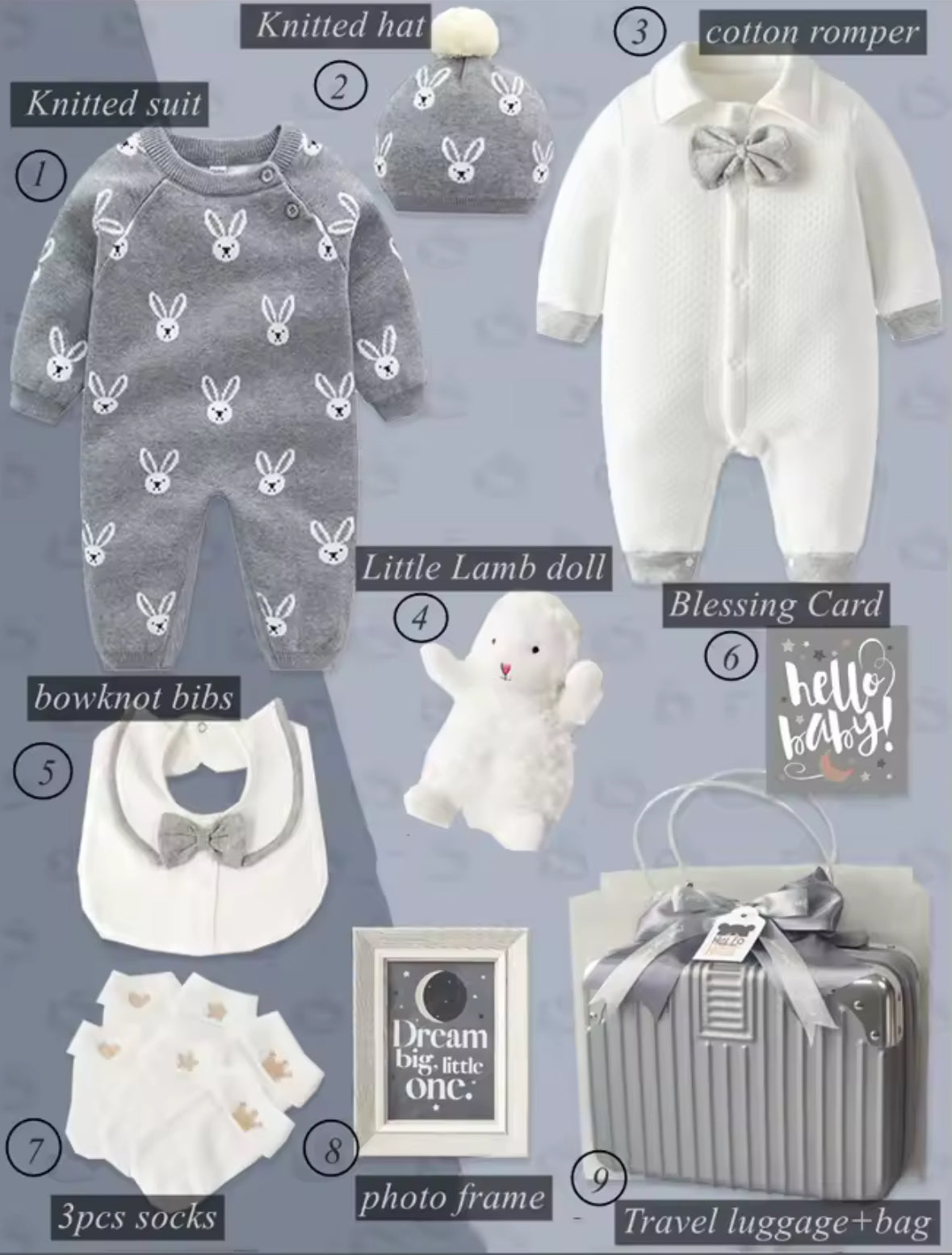 Collection of baby clothing and accessories on a gray background