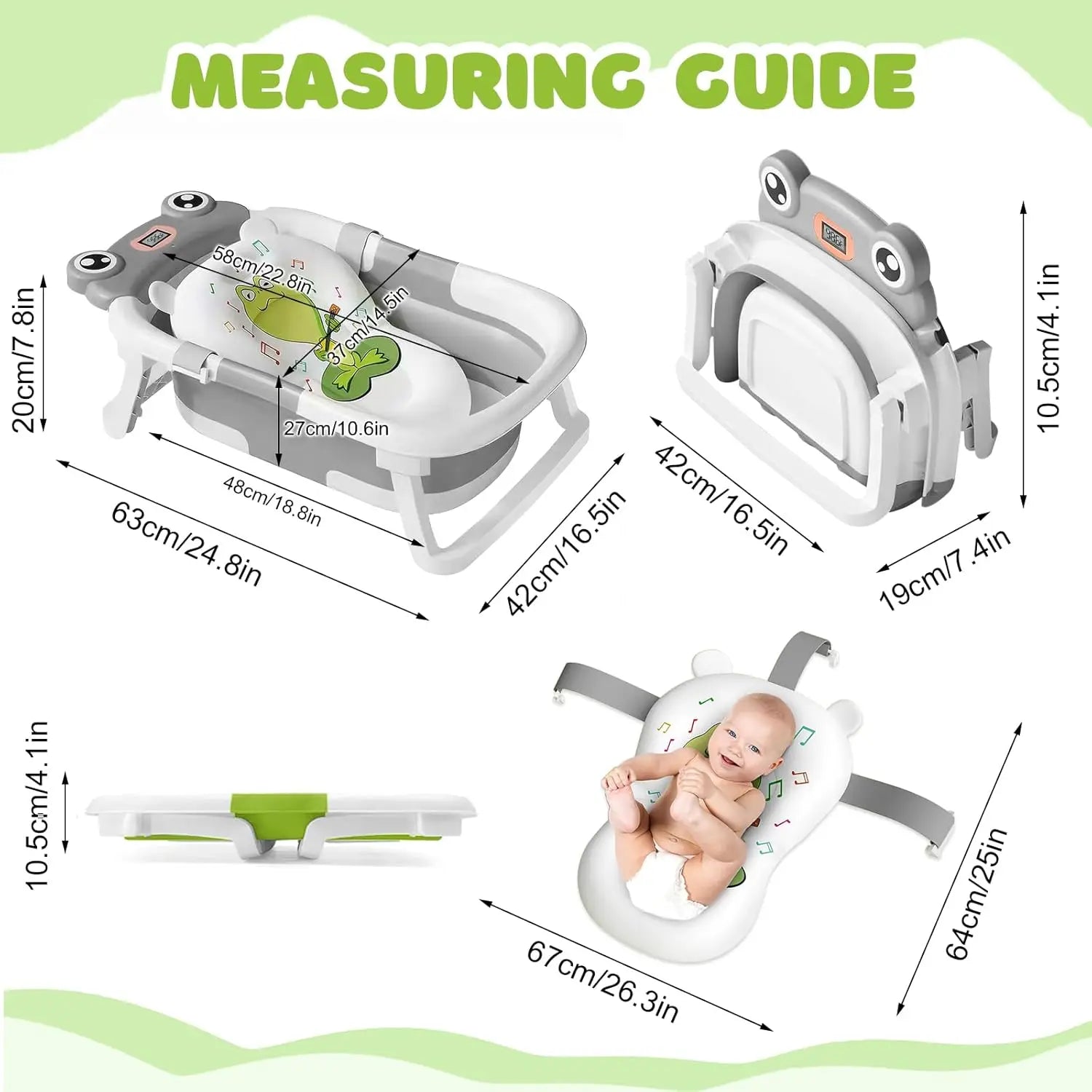 Eco-Friendly Baby Bathtub with Bath Cushion,Foldable Bathtub Portable with Temperature Indicator Infant Tub for 0-36 Months Baby