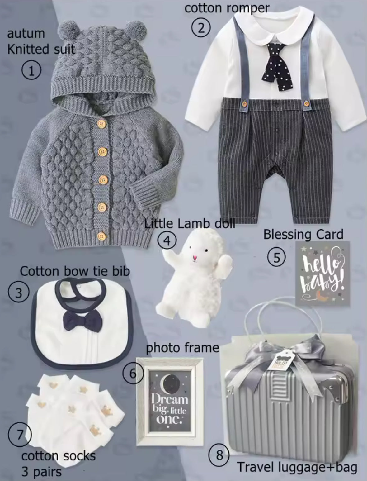 Collection of baby items including a knitted suit, romper, bib, doll, photo frame, and travel bag on a blue background.