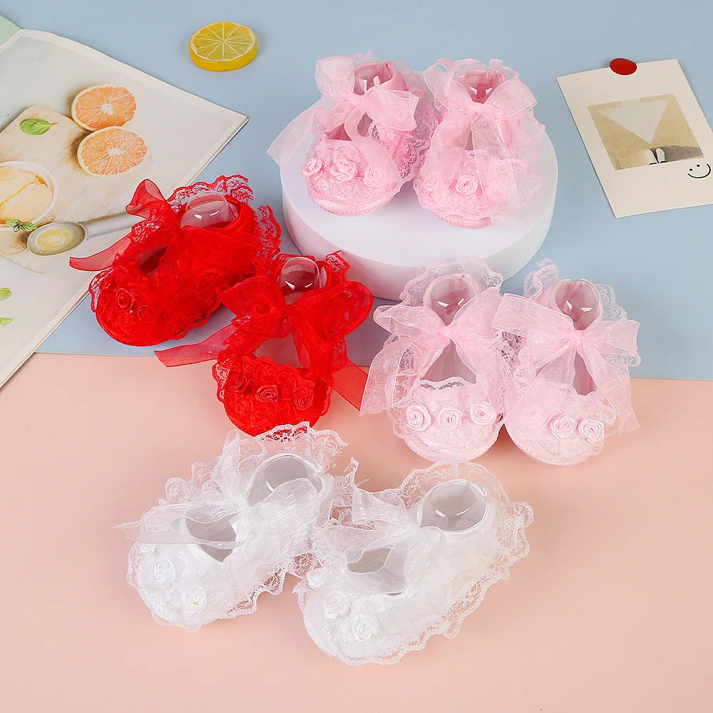Newborn Princess Soft Sole First Walkers Infant Girls Lace Anti-Slip Shoes for Party Wedding Toddler Crib Cotton Prewalker 0-18M