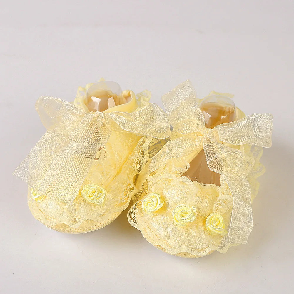 Newborn Princess Soft Sole First Walkers Infant Girls Lace Anti-Slip Shoes for Party Wedding Toddler Crib Cotton Prewalker 0-18M