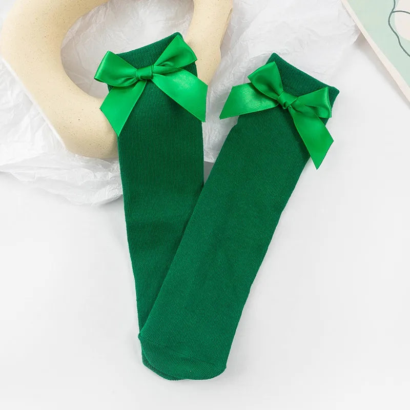Baby Girls Socks Stockings Solid Color Bowknot Anti-Slip Cute Wild Cotton Long Stockings Toddler Girls Knee High Socks 0-5 Years