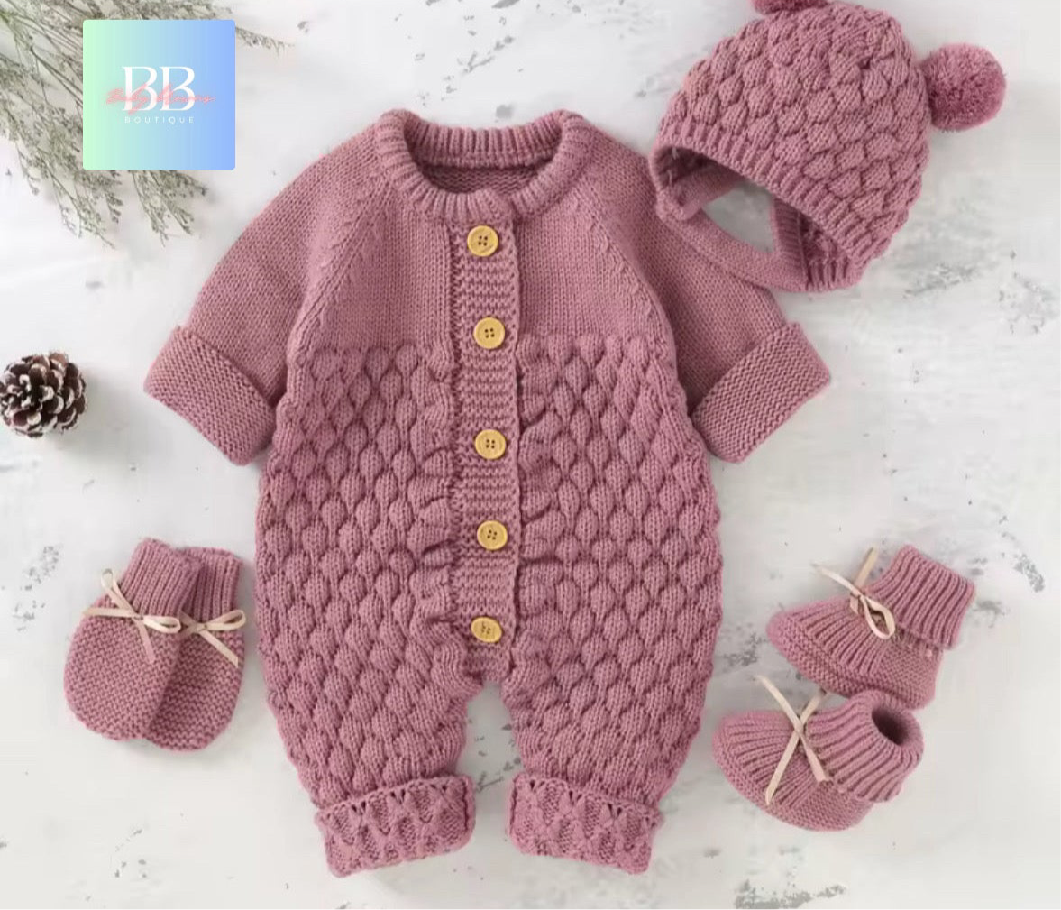 Baby/toddler knitted long sleeve Romper Sets. Boy/girl, 3-18M, 4 colours.