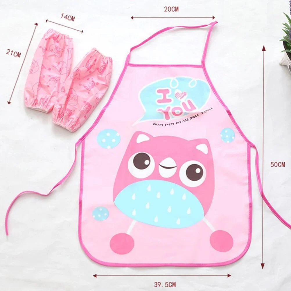 Cute Cartoon Children Apron Sleeves Chef Hat Pocket Set Kid Craft Art Kitchen Cooking Chef Suit Drink Food Baking Apron for 3-8Y