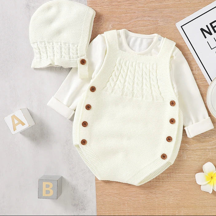 Baby Bodysuits Clothes Spring Autumn Sleeveless Knitting Newborn Boys Girls Solid Onesie Hats Sets 2Pcs Infant Coveralls Outfits
