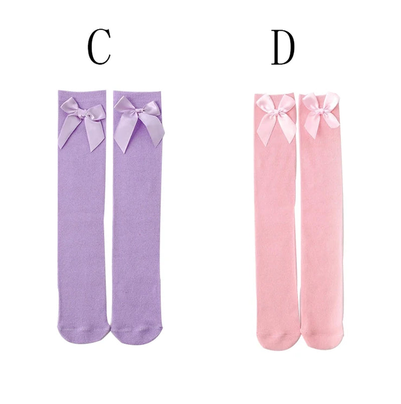 Baby Girls Socks Stockings Solid Color Bowknot Anti-Slip Cute Wild Cotton Long Stockings Toddler Girls Knee High Socks 0-5 Years