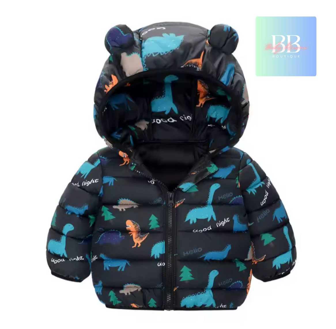 Children's puffer jacket with dinosaur pattern on a white background