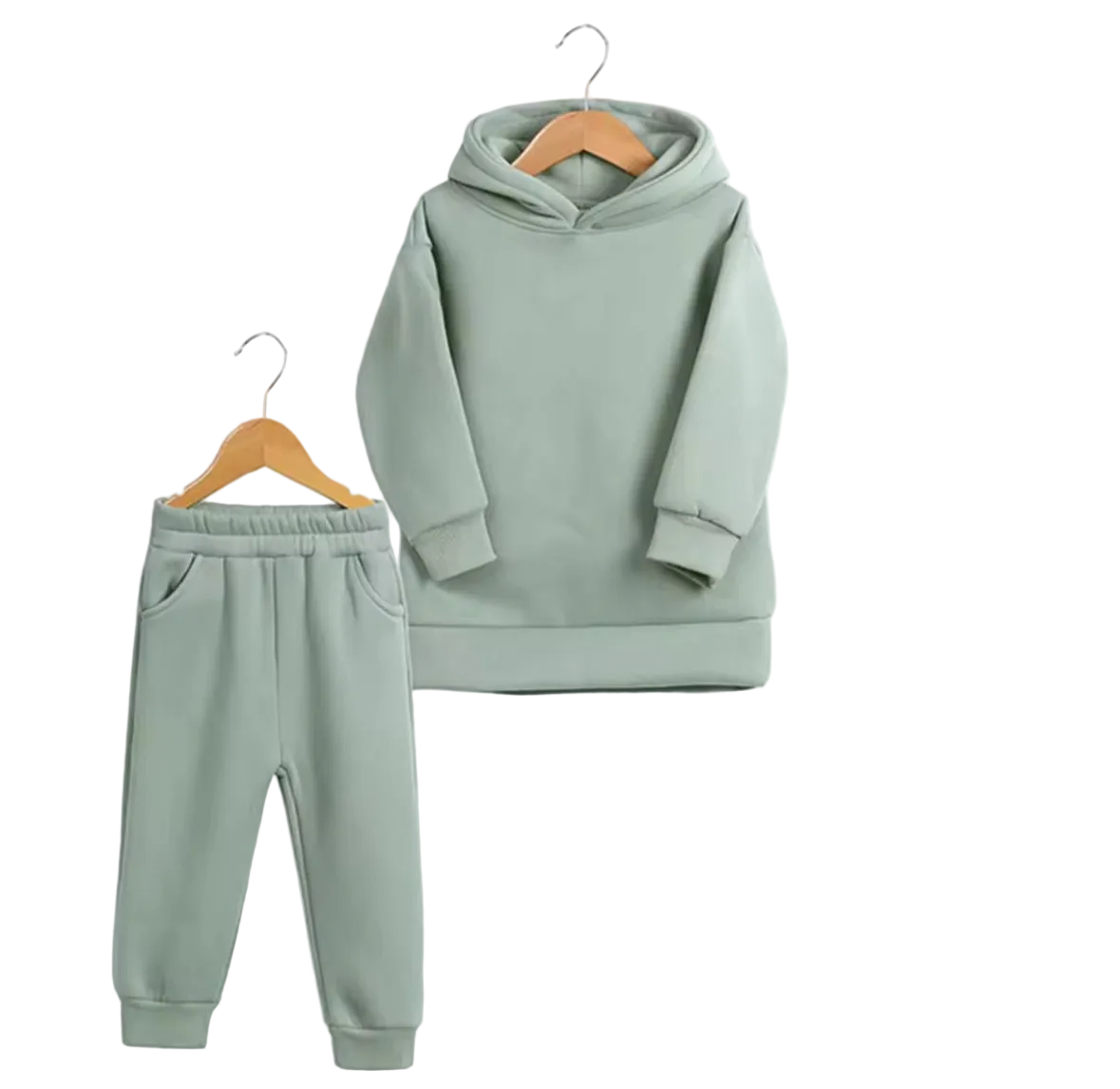 Light green hoodie and jogger set on hangers with a visible brand logo.