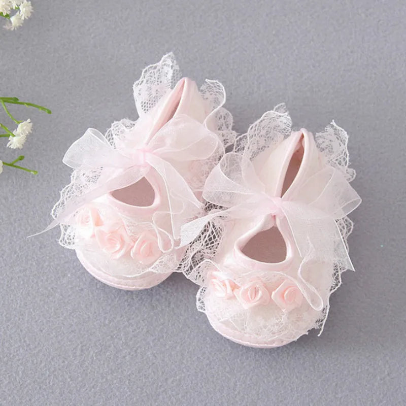 Newborn Princess Soft Sole First Walkers Infant Girls Lace Anti-Slip Shoes for Party Wedding Toddler Crib Cotton Prewalker 0-18M