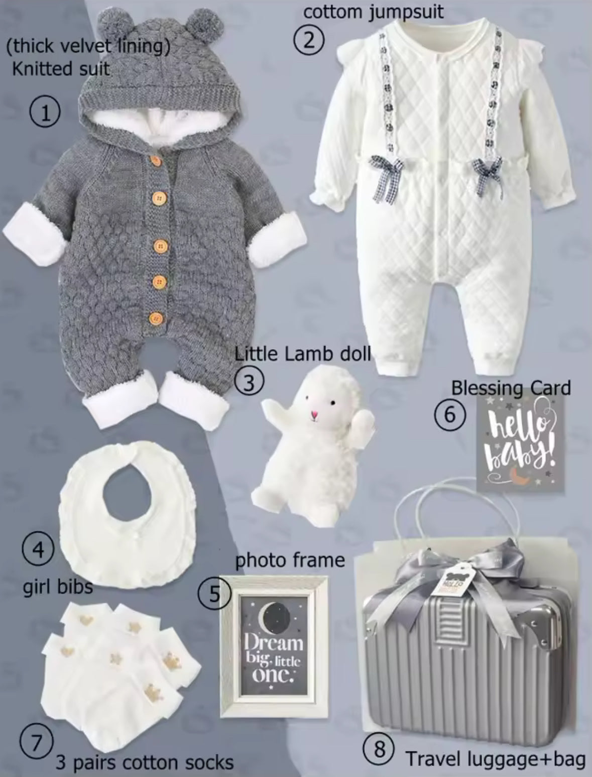 Collection of baby items including a gray knitted suit, white cotton jumpsuit, lamb doll, bibs, photo frame, and travel luggage on a light gray background.