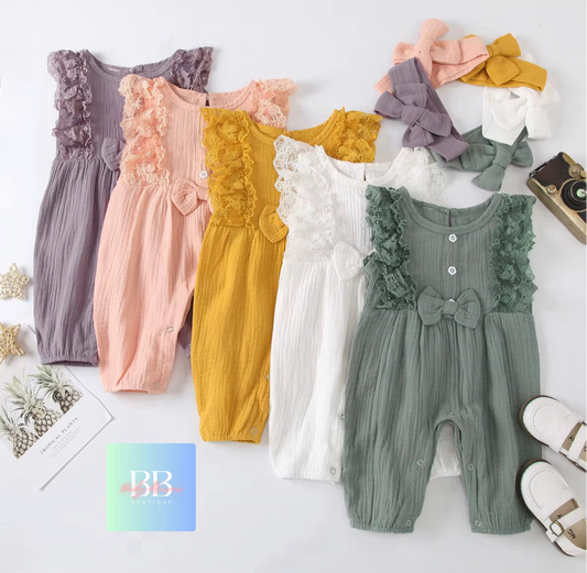 Baby/Toddler, Girls Sleeveless Romper with Lace, Cute Bow & Matching Headband. 6-24M, 5 colours.