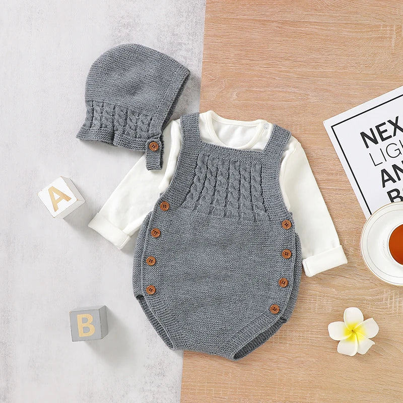 Baby Bodysuits Clothes Spring Autumn Sleeveless Knitting Newborn Boys Girls Solid Onesie Hats Sets 2Pcs Infant Coveralls Outfits