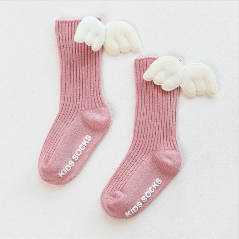 New Baby Girls Knee High Socks Angel Wing Summer Autumn Cotton Socks Solid Candy Color Children Toddler Short Socks for Kids