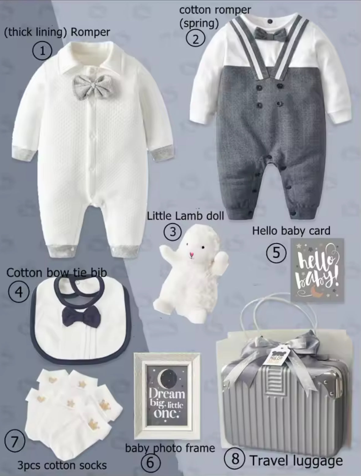 Collection of baby items including rompers, a doll, bibs, photo frame, and travel luggage on a gray background.