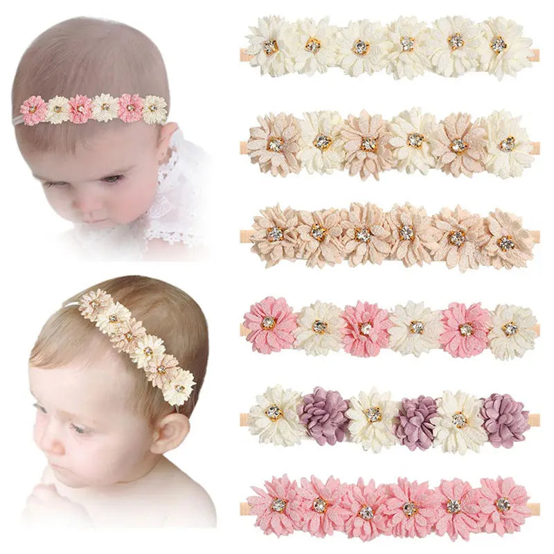 Elastic Baby Girl Flower Headbands Nylon Stretchy Pearl Toddler Hairbands Newborn Rhinestone Hair Band Infant Hair Accessories