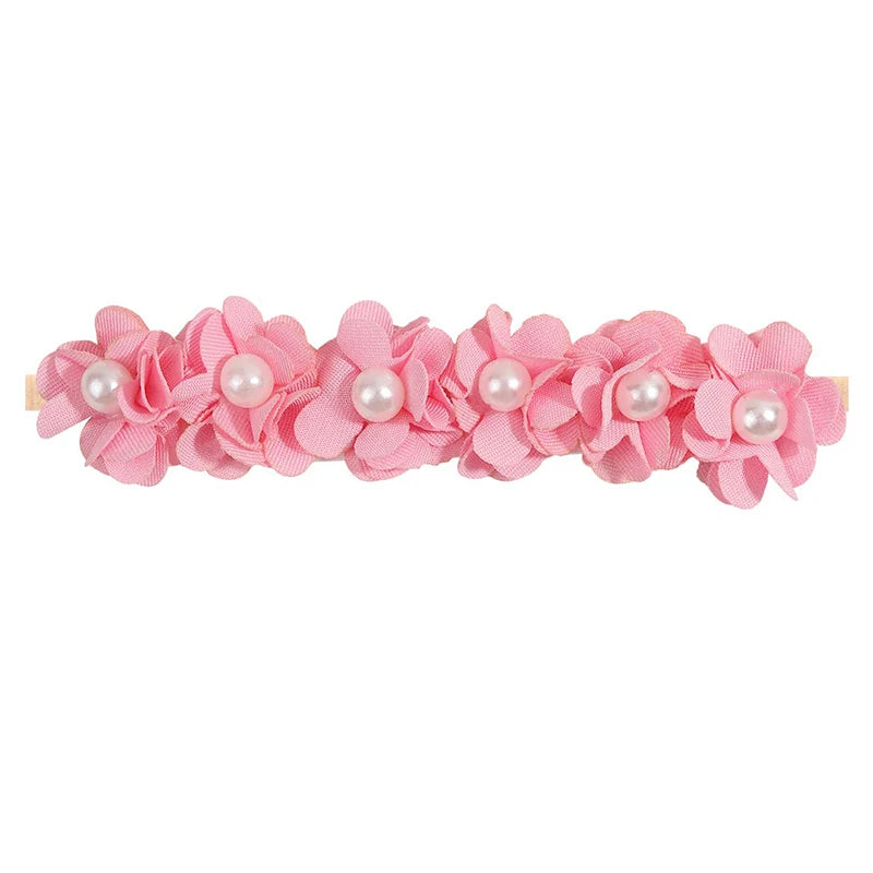 Elastic Baby Girl Flower Headbands Nylon Stretchy Pearl Toddler Hairbands Newborn Rhinestone Hair Band Infant Hair Accessories