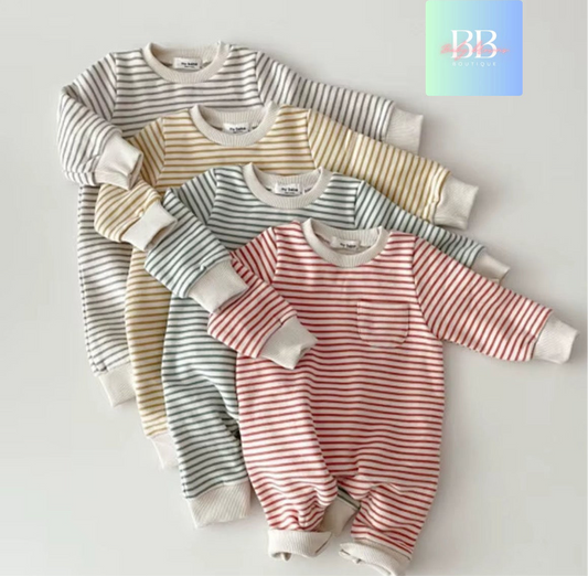 Baby/Toddler Long sleeved Fleece Lined Striped Romper. 4 colours, 6-24M.